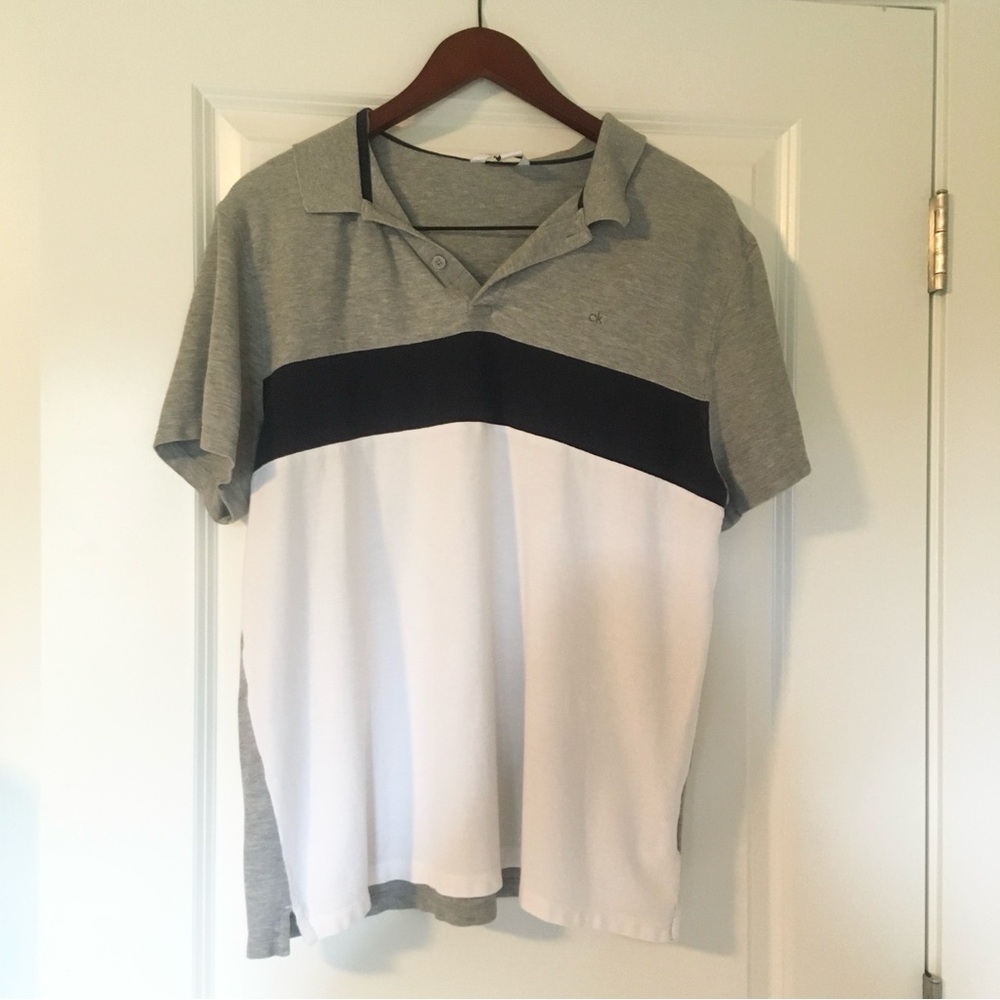 Calvin Klein Polo Shirt Men's L Short Sleeve Embroidered Logo Striped Gray Navy